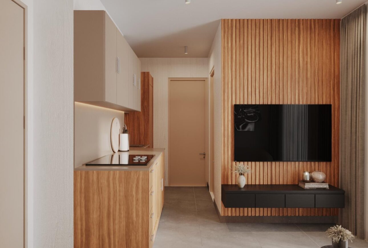 Trinity apartment kitchen with wood panelling